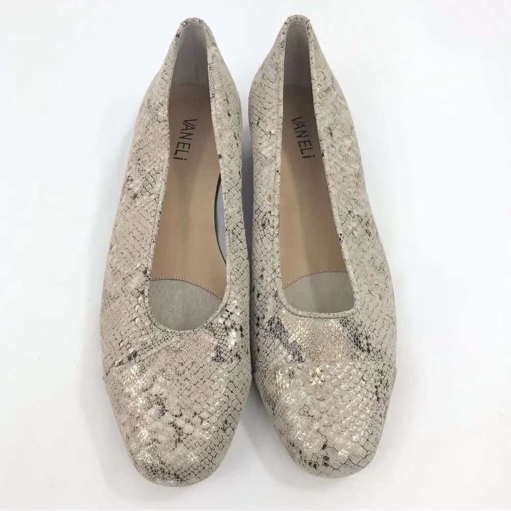 VANELi Tan Metallic Gold Snakeskin Leather Cap Toe Low Heel Classic Ballet Flats